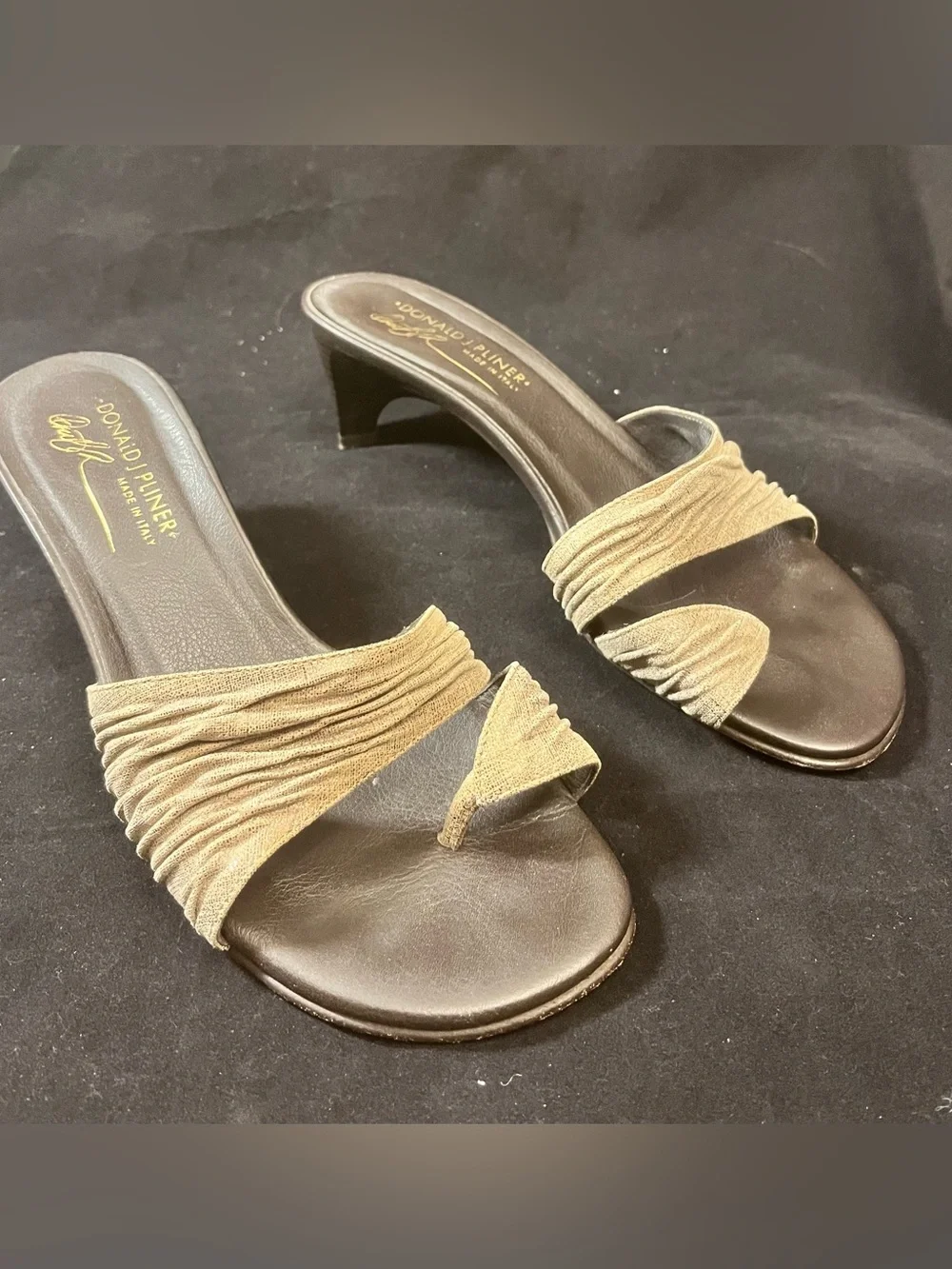 Donald J. Pliner Bronze-Gold Metallic Ruched Toe-Loop Kitten Heels